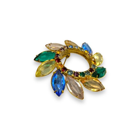 Vintage Multicolor Crystal Circle Brooch Cadmium Uranium Glass Glow 1 7/8” - Picture 6 of 10